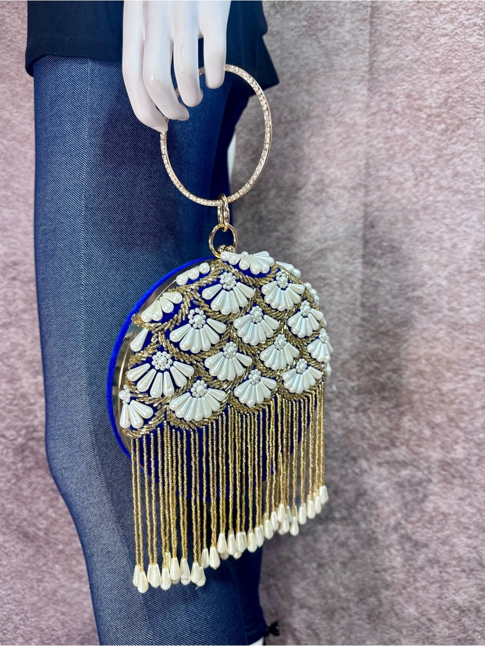 Embellished Cobalt Blue Velvet Pearl Beaded Fringe Wristlet Clutch